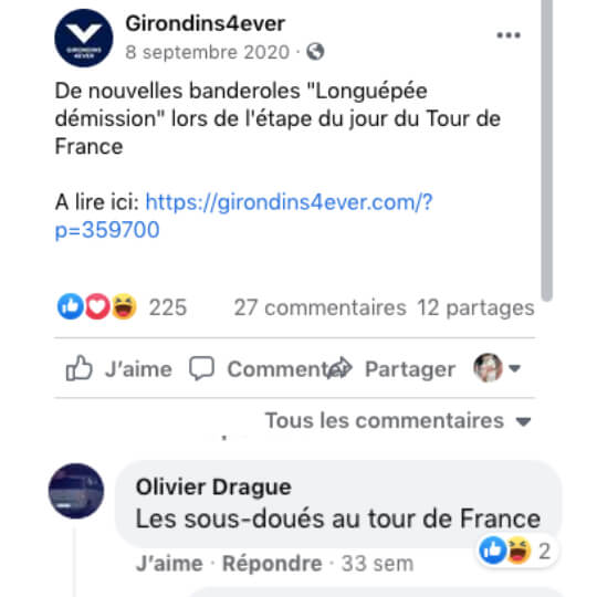 Il est également très critique de la contestation envers Frédéric Longuépée et se moque souvent des supporters, où il y aurait « un paquet de RSAistes »