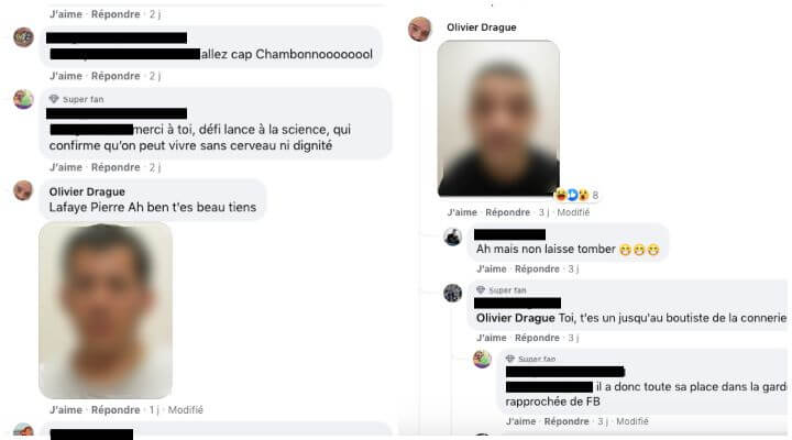 Sur d'autres conversations, Olivier Drague a également publié des photos de Florian Brunet et d'un capo du groupe, prise lors d'une garde à vue d'une quarantaine de membres à Strasbourg en 2018 selon les ultras. Les photos ont été floutées par StreetPress.