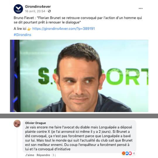 Dans les commentaires, le mystérieux compte n'hésite pas à détailler la plainte du président des Girondins de Bordeaux Frédéric Longuépée contre Florian Brunet et revendique l'avoir révélé en premier.