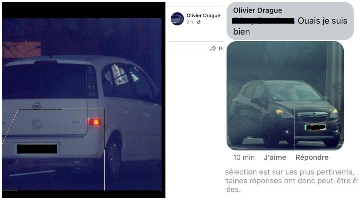 Olivier Drague a aussi publié des photos de voitures de membres du directoire des Ultramarines, vraisemblablement prises par des radars. À gauche, la photo qu'il a postée en profil n'avait pas la plaque d'immatriculation cachée, contrairement à la droite.