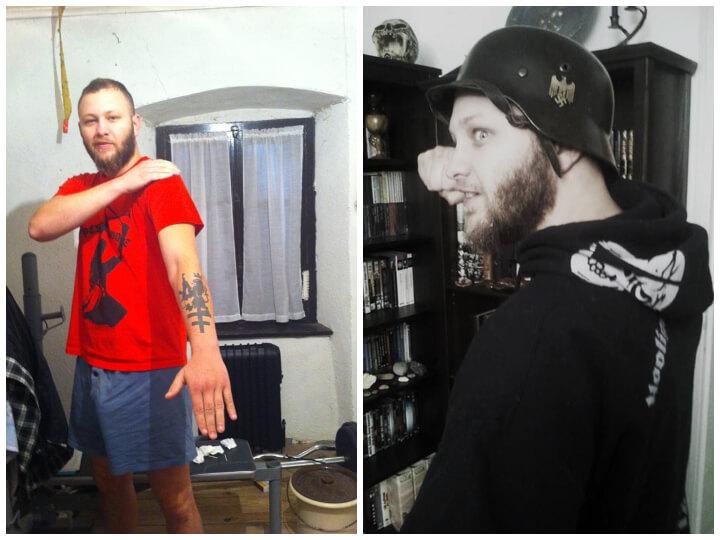 Le chanteur Ludovic Faure, alias Famine, pose à plusieurs reprises avec de l'imagerie nazie. Ici un casque de la Wehrmacht, l'armée nazie, à droite. Il fait aussi des saluts nazis ou des quenelles, comme à gauche.