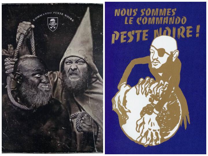 Peste noire a publié plusieurs visuels suprémacistes et antisémites. À gauche, dans un poster d'un de ses albums, Famine représente une pendaison du Ku Klux Klan. À droite, Peste noire reprend une image antisémite célèbre qui date d'une exposition de 1941, « le Juif et la France ».