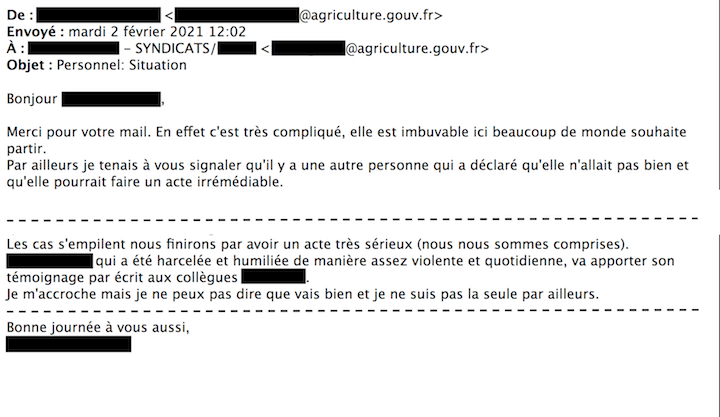 Extrait du mail d'un agent adressé à un des syndicats