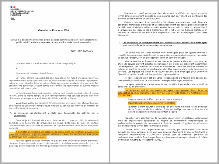 Dans un mail du 30 octobre 2020, la secrétaire générale Sophie Delaporte recommandait un « basculement maximal en télétravail pour les activités qui s’y prêtent ». Elle faisait notamment référence à la circulaire de la Ministre Amelie de Montchalin datant du 29 octobre 2020