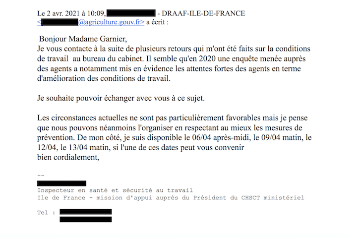 Mail de l’inspecteur en santé et sécurité au travail à Édith Garnier