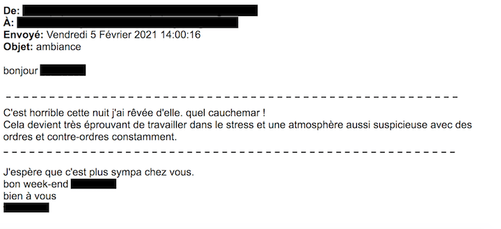 Extrait d'un mail d'un agent destiné au service médical