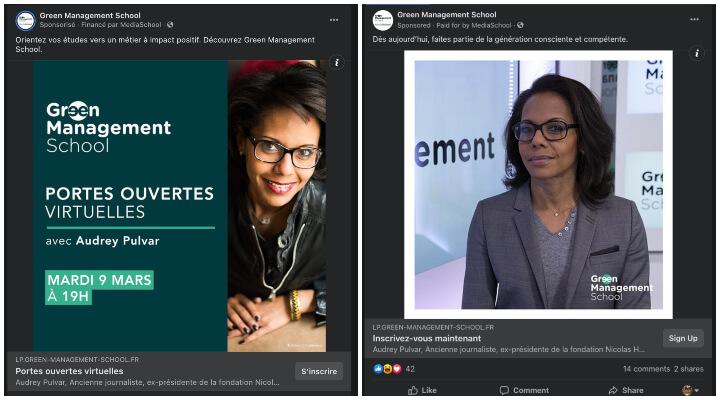 L’école GMS met assez largement en avant l’ancienne journaliste entrée en politique, notamment dans son recrutement comme ici sur Facebook.