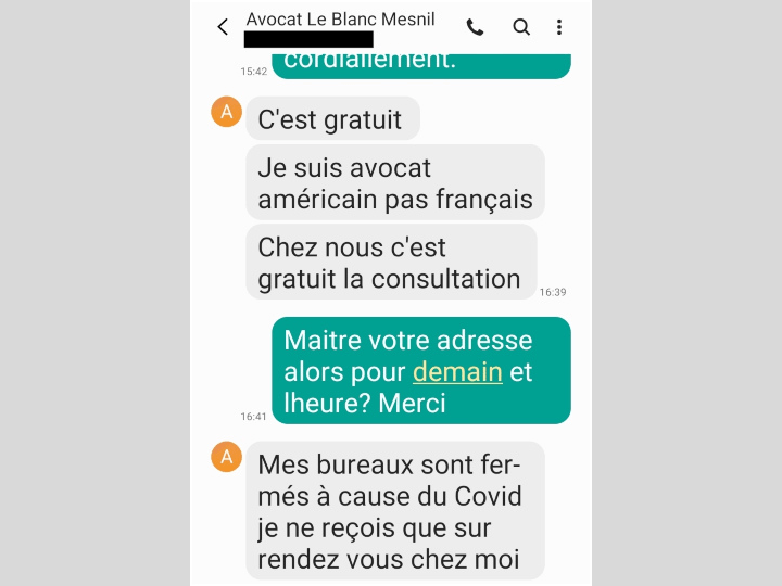 Dans cet échange SMS, Azzedine Jamal se présente comme étant un « avocat américain »