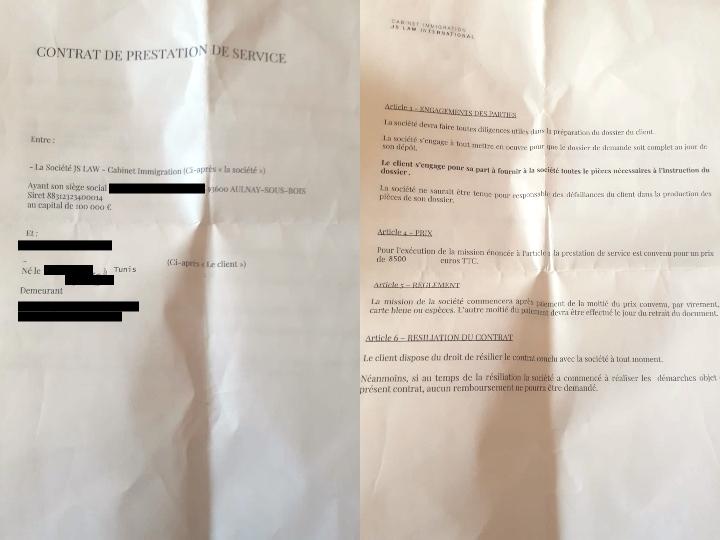 StreetPress a pu se procurer le contrat type qu'Azzedine Jamal propose à ses clients. Ici, la prestation est facturée 8.500 euros. Un tarif prohibitif. Selon nos informations, un vrai avocat facture en général autour de 1.500 euros pour une telle prestation