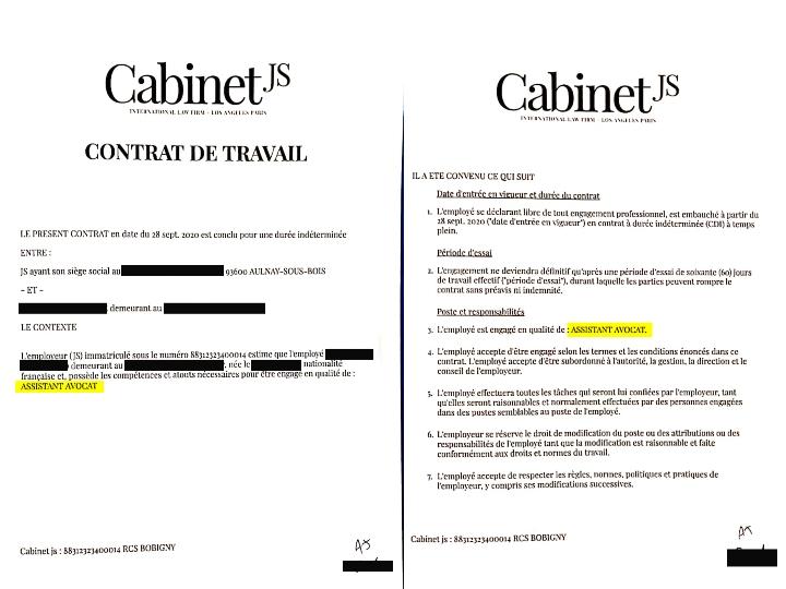 Sur un autre contrat de travail, il est bien précisé que la personne est engagée en qualité d'« assistant avocat »