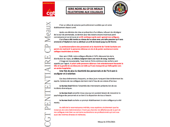 Communiqué du 27 janvier 2021 de la CGT Pénitentiaire