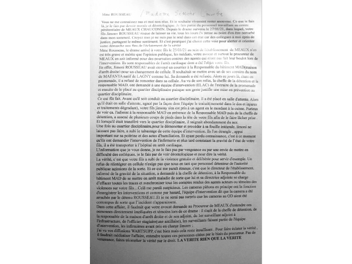 Lettre anonyme reçue par la mère de Jimony