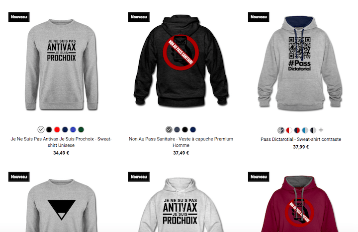 Récemment, de nouveaux goodies sont apparus sur le site marchand du Grand réveil, comme des sweats avec les messages : « Non au pass sanitaire », « #PassDictatorial », « Je ne suis pas antivax, je suis pro-choix »