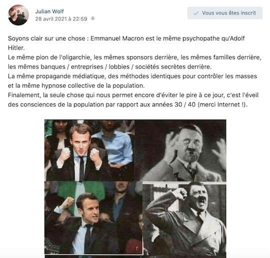 Dans cette publication, Julian Wolf compare Emmanuel Macron à Hitler