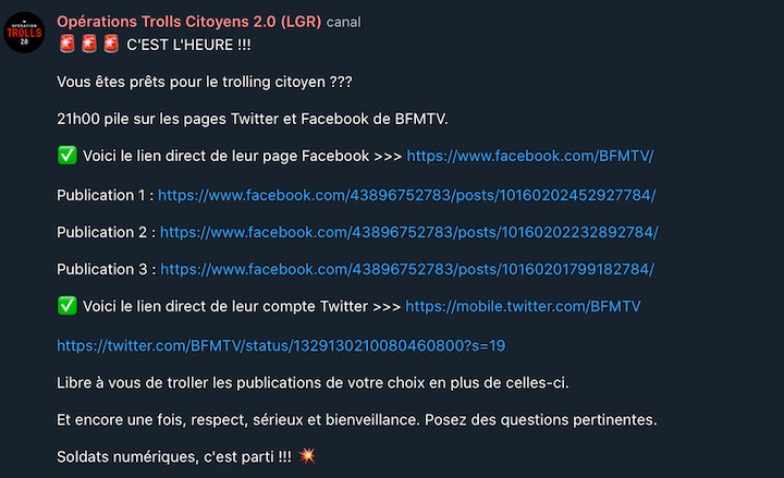 Le groupe de trolling s'attaque surtout aux médias, comme ici avec BFMTV.