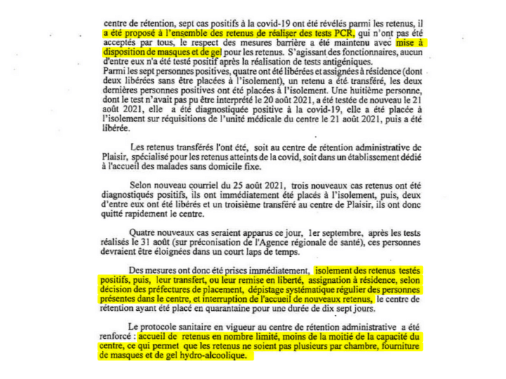 Dans deux mails du 20 et 25 août, le chef du centre de rétention rappelle des mesures sanitaires ont été mises en place