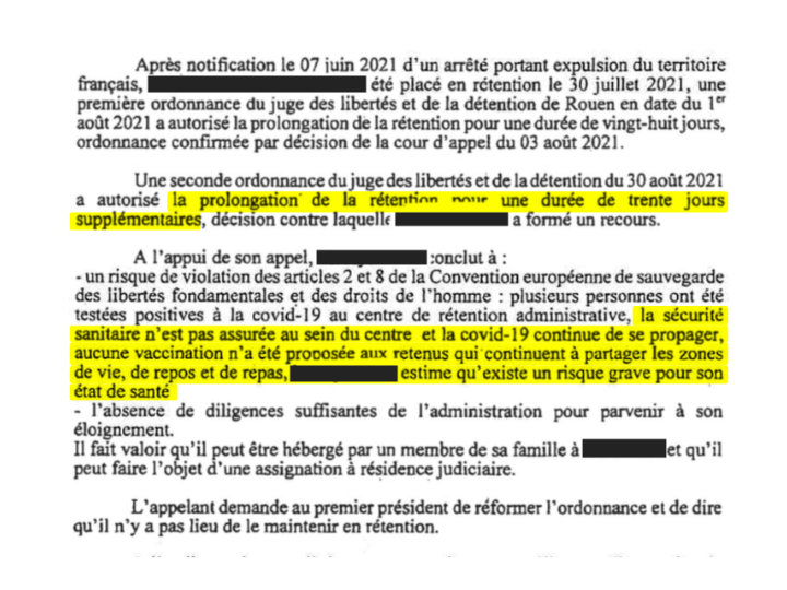 Un retenu demande la fin de sa mise en rétention en invoquant la situation sanitaire et notamment le fait que les gestes barrières et la distanciation physique ne seraient pas respectées.