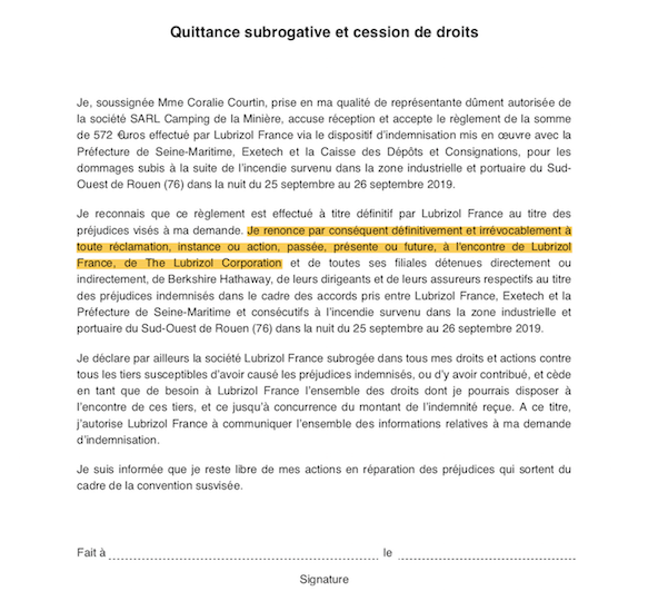 Coralie et Nicolas Courtin, qui tiennent le camping Les Minières, ont reçu une proposition d'indemnisation de 572 euros par Lubrizol. S'ils avaient accepté cette somme, ils auraient dû « renoncer définitivement et irrévocablement » à toute réclamation contre l'entreprise.