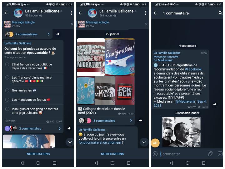 Sur la chaîne Telegram de la Famille Gallicane, les messages racistes et les symboles fascistes sont nombreux.