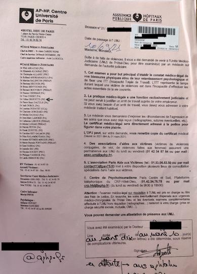 Un certificat médical fait quelques jours après les violences lui a donné « au moins dix jours d'ITT »