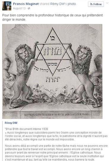 Dès 2013, Francis Maginot relayait les posts complotistes et antisémites de Rémy Daillet-Wiedemann.
