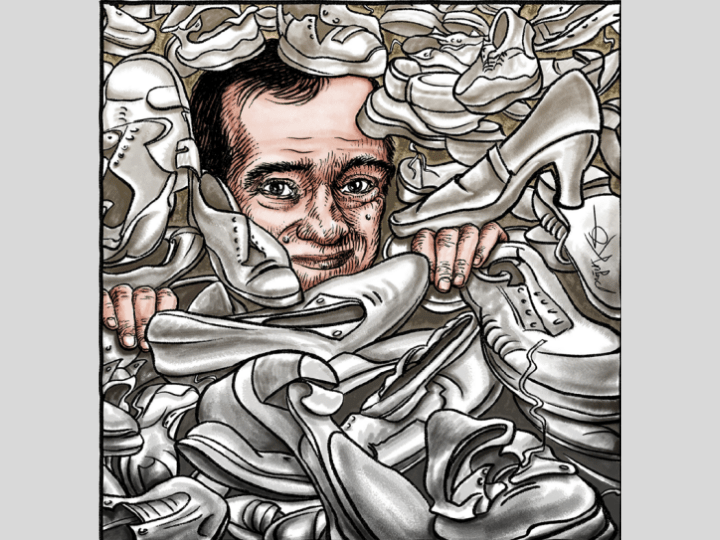 Chez Rivarol, une illustration montre le négationniste Vincent Reynouard se cachant au milieu d’une pile de chaussures de déportés