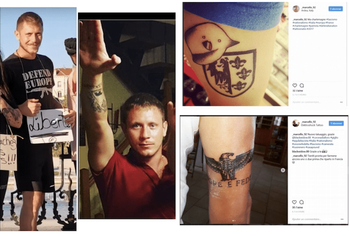 Marcello Ursi a le blason de la division Charlemagne (une division de la Waffen SS composée majoritairement de Français) tatoué sur la cuisse