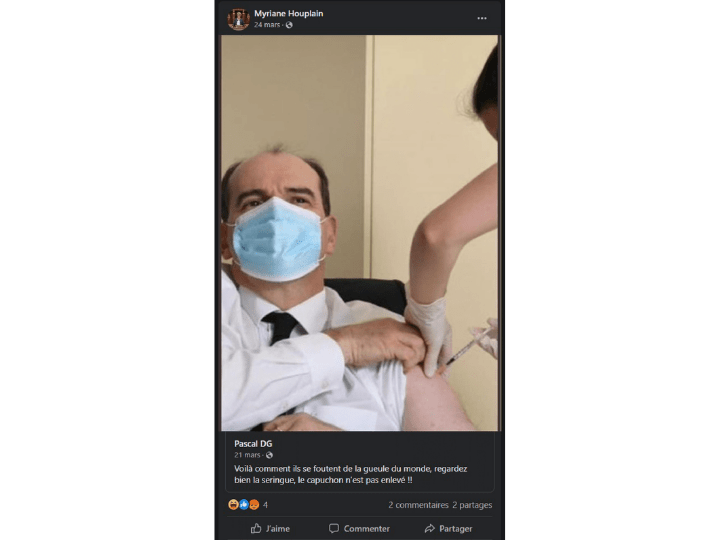 Le 24 mars, Myriane Houplain partage sur Facebook une photo niant le fait que le Premier ministre Jean Castex se soit fait vacciner contre la Covid 19