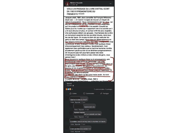 Le 31 juillet, Myriane Houplain repartage un post Facebook abondamment relayé sur les comptes conspirationnistes affirmant que l’ancien conseiller de François Mitterrand aurait prédit dans un livre une « pandémie » destinée à « réduire la population »