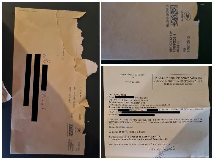 Clément reçoit des courriers antidatés de convocation pour se rendre au commissariat. Le 16 février 2021, par exemple, il a reçu un courrier pour une convocation… Le 15 février à 9h. Si la lettre de convocation policière est datée du 10, le cachet de la poste indique bien qu’il a été affranchi le 15.