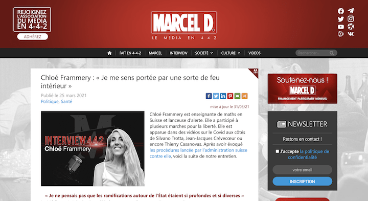 Chloé Frammery est une figure de la complosphère suisse qui a émergé avec la pandémie s’est faite aspirée par la dissidence. Elle entretient des liens étroits avec Dieudonné, Valérie Bugault, ou Marcel du « Média en 442 »