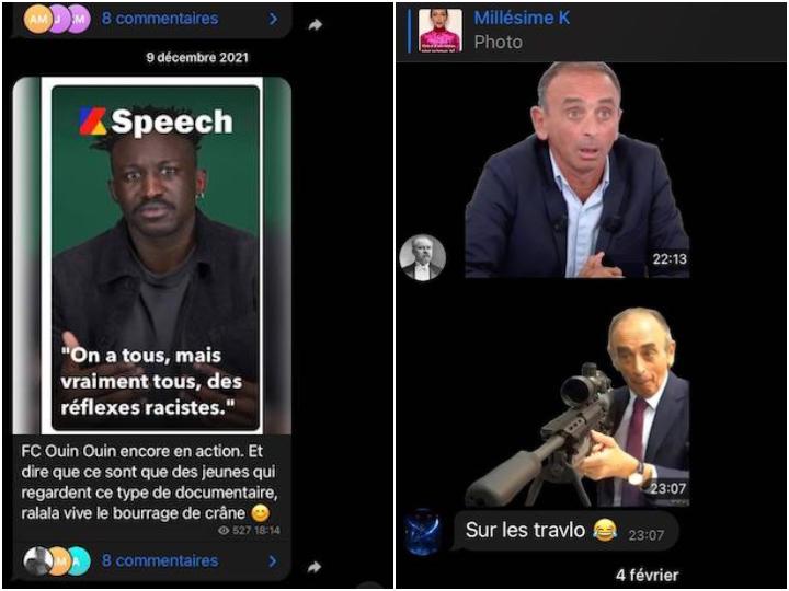 Sur Telegram, Millésime K partage régulièrement des contenus chers à la fachosphère. Sous un post parlant d’une personne s'identifiant comme non-genrée, un internaute répond avec une photo de Zemmour et un fusil de sniper, commentant : « Sur les travelos »