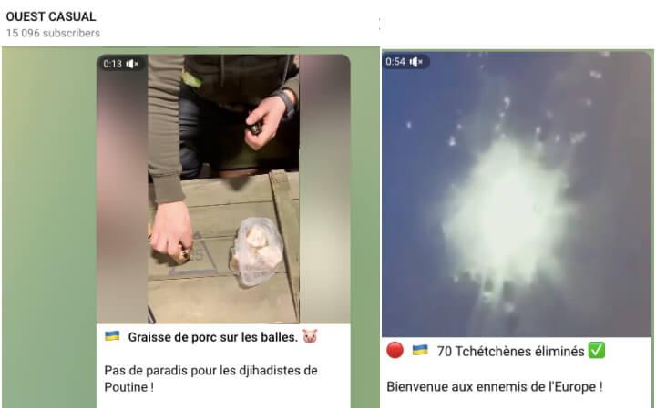 Depuis le début de l’offensive, le canal Telegram Ouest casual (proche des Zouaves) reprend la dialectique nazie et dénonce « les contingents asiatiques de l’impérialisme soviétique ». Sans oublier d’y ajouter une islamophobie moderne en ciblant les soudards tchétchènes, « djihadistes de Poutine »