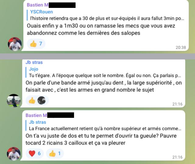 Sur le canal GruppaOf, le récit du combat a suscité de nombreux commentaires et des insultes entre les deux bandes. Les Strasbourg Offender ont par exemple critiqué l'usage d'armes par la troupe Zouves-MesOs Reims.