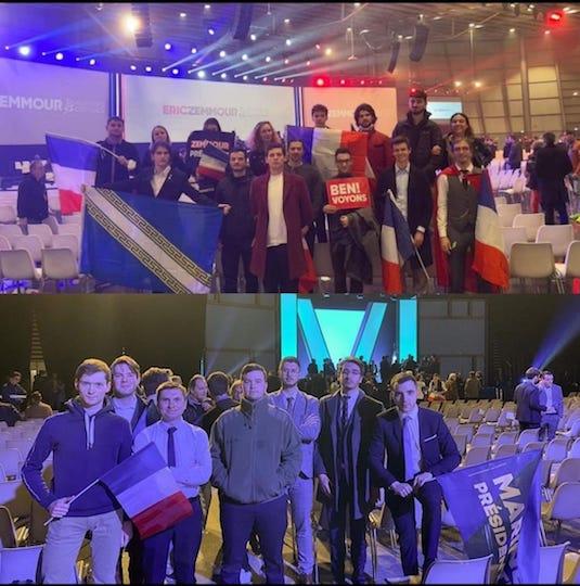 Des militants de La Cocarde aux meetings de Le Pen et Zemmour, début février.