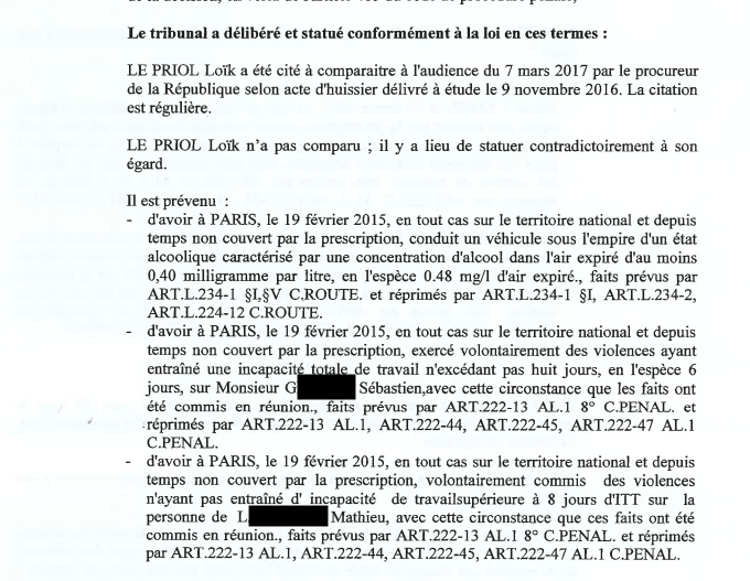 Pour cette histoire, Loïk Le Priol a été poursuivi pour violences.