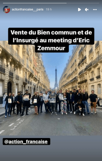 Les royalistes antirépublicains de l'Action française font leur promo au meeting de Zemmour.