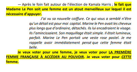 Clarisse Mérigot-Cassaignau a fait des fiches pour Marine Le Pen. Elle lui conseille de « s’humaniser » en insistant sur son statut de « femme », de « mère » et de fendre l’armure