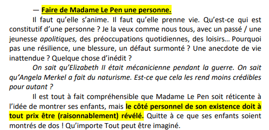 Lors de son meeting à Reims en février dernier, Marine Le Pen a mis en place les conseils de Clarisse Mérigeot-Cassaignau, en racontant à son public dans une ambiance intimiste ses « épreuves de vie »