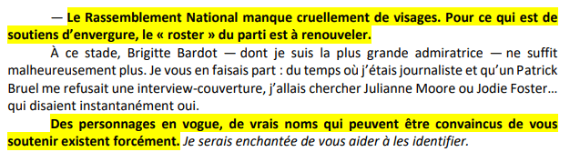 Clarisse Mérigeot-Cassaignau conseille de créer le buzz autour de personnalités révélant voter pour Marine Le Pen. Hasard ou coïncidence, l’humoriste Philippe Chevalier annonce plus tard son soutien lepéniste
