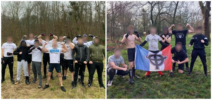 Les Pitbull Paris ont revendiqué avoir participé à un combat organisé le 25 janvier dernier (à gauche). Trois jours plus tôt, ils posaient fièrement pour un entraînement (à droite)