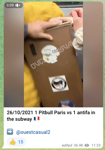 Fin octobre 2021, les néonazis Pitbull Paris ont revendiqué l'attaque d'un jeune homme dans le métro qui affichait un sticker antifasciste sur sa valise.