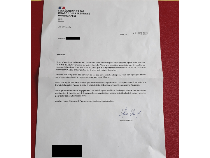 Dans cette lettre datée du 22 mars 2021, le gouvernement par la voix de Sophie Cluzel juge le comportement des forces de l’ordre « inadapté » et réclame un examen de cette affaire par la Préfecture.