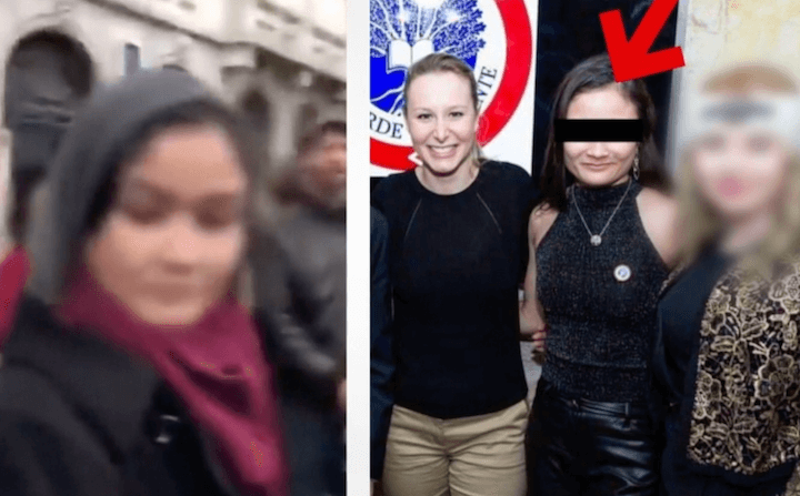 Marie-Émilie Euphrasie avait à l’époque été identifiée sous le pseudonyme « Brunehilde » par CheckNews, grâce à une photo d’elle en compagnie de Marion Maréchal Le Pen prise à une conférence pour la Cocarde. (Capture d'écran d’un montage fait par Quotidien à partir des informations de CheckNews, 27 novembre 2019)