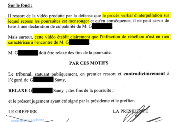 La justice estime qu’il ressort « sans ambiguïté de cette vidéo que le procès verbal d’interpellation est mensonger » et que Samy G. doit être relaxé