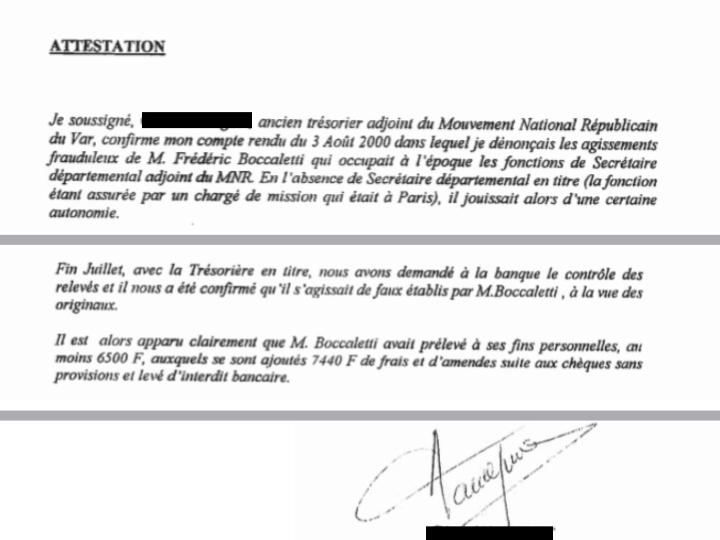 Selon des documents que StreetPress s’est procuré, signés du trésorier adjoint du MNR en 2000, Frédéric Boccaletti a prélevé « à ses fins personnelles » 6.500 francs, soit environ 990 euros.