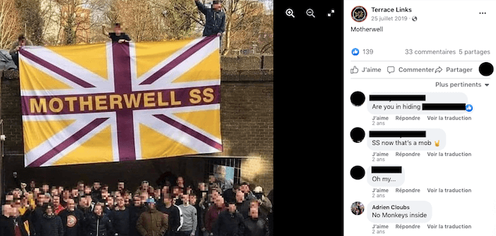 Sur une photo qui présente un groupe de hooligans, Adrien Hassler commente en anglais : « Pas de singes ici. »