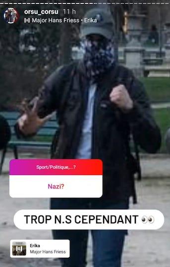 Maxime Bellamy se revendique lui-même nazi et fait souvent des saluts de Kühnen, ersatz de salut hitlérien.