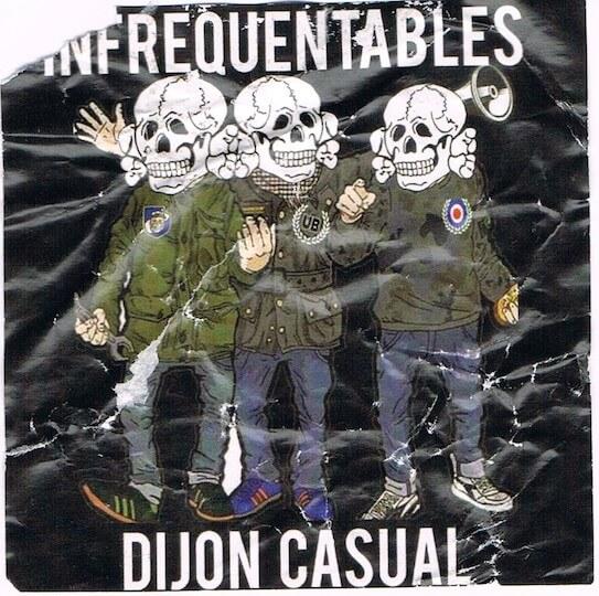 Un stickers des Infréquentables Dijon, qui reprend les codes de ceux collés par les hooligans ou les ultras. Ce groupe n'est pourtant pas présent dans les tribunes et se concentre sur la sphère politique, en attaquant des militants de gauche. Les têtes de mort sont, là encore, des Totenkopfs.
