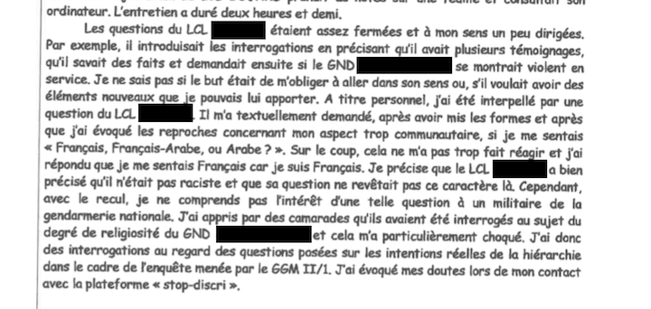 À l'IGGN, le gendarme Maxime S. raconte cette conversation hallucinante qu'il a eu avec un lieutenant-colonel, qui lui a demandé s'il se sentait : « Français, Français-Arabe ou Arabe ? 